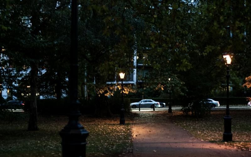 Park path lit in the evening